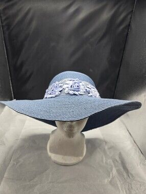 D&Y Large Brim Floppy Hat With Floral Band Blue